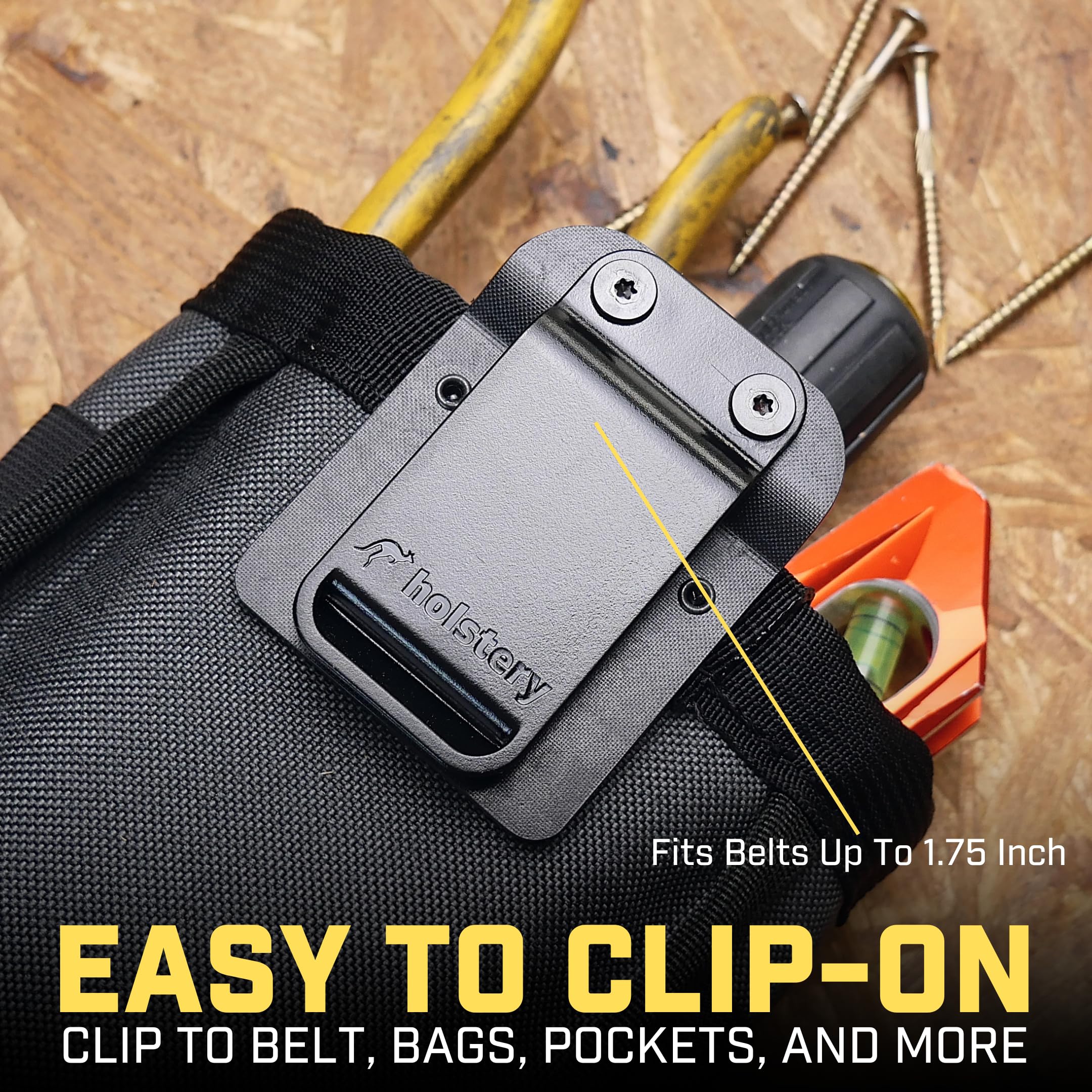 Holstery Joey Pouch V2 clip-on design fits belts up to 1.75 inches.