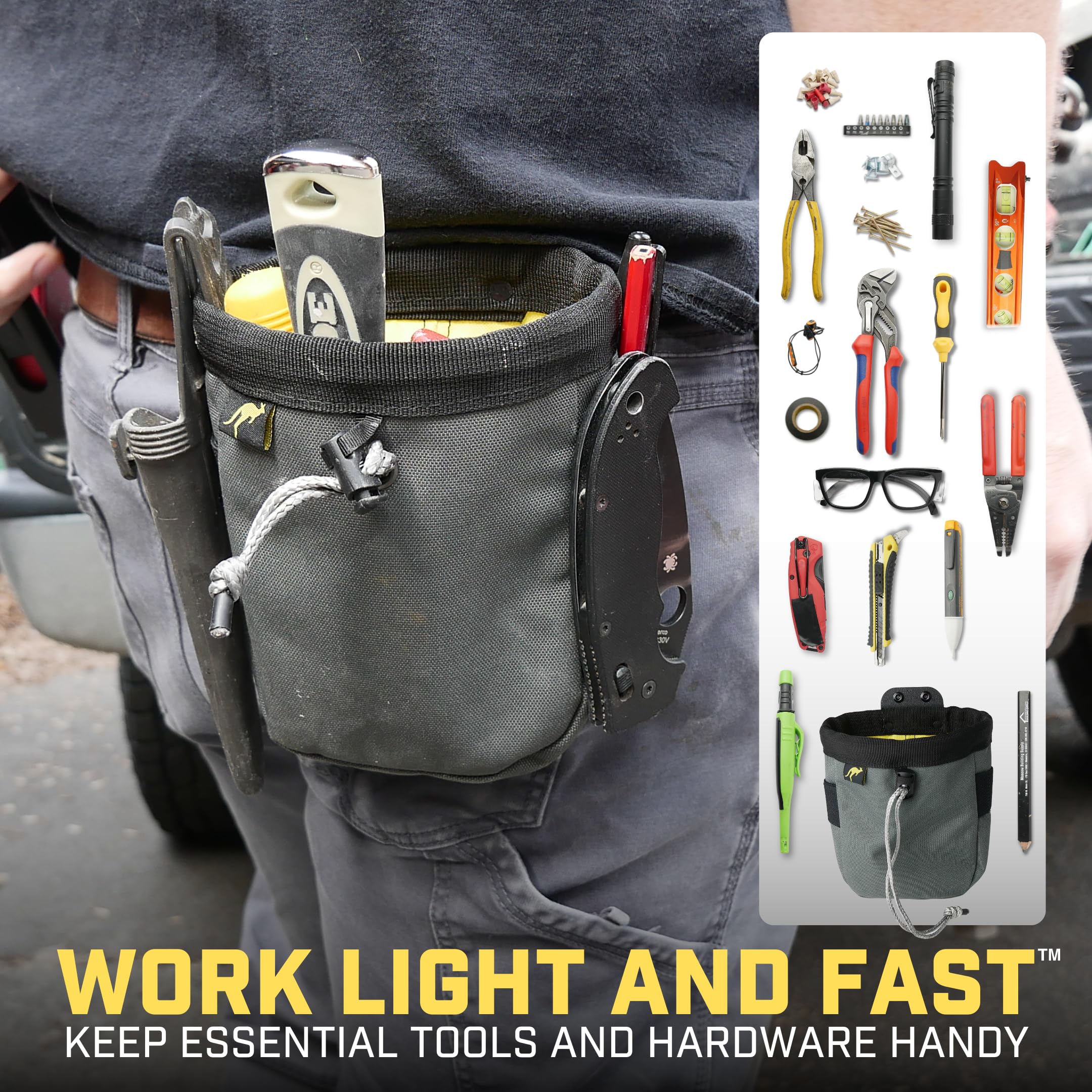 Holstery Joey Tool Belt Bag belt clip close-up shows secure, quick-access design.