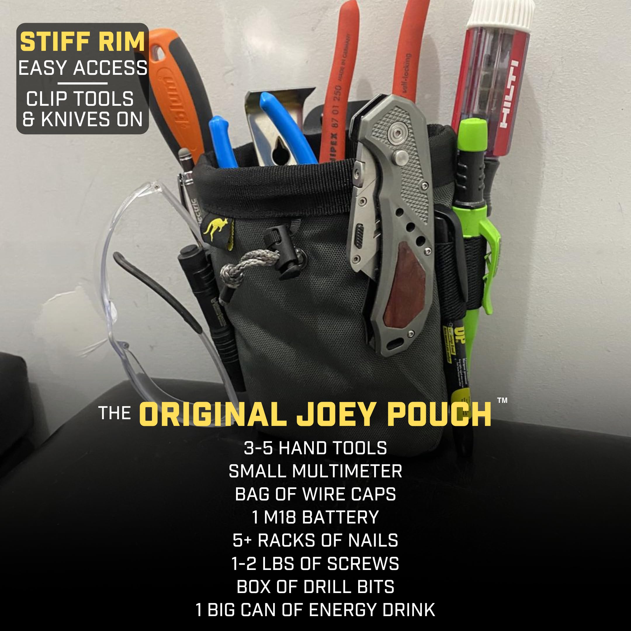 Holstery Joey Tool Belt Bag bright-yellow interior makes contents easy to spot.