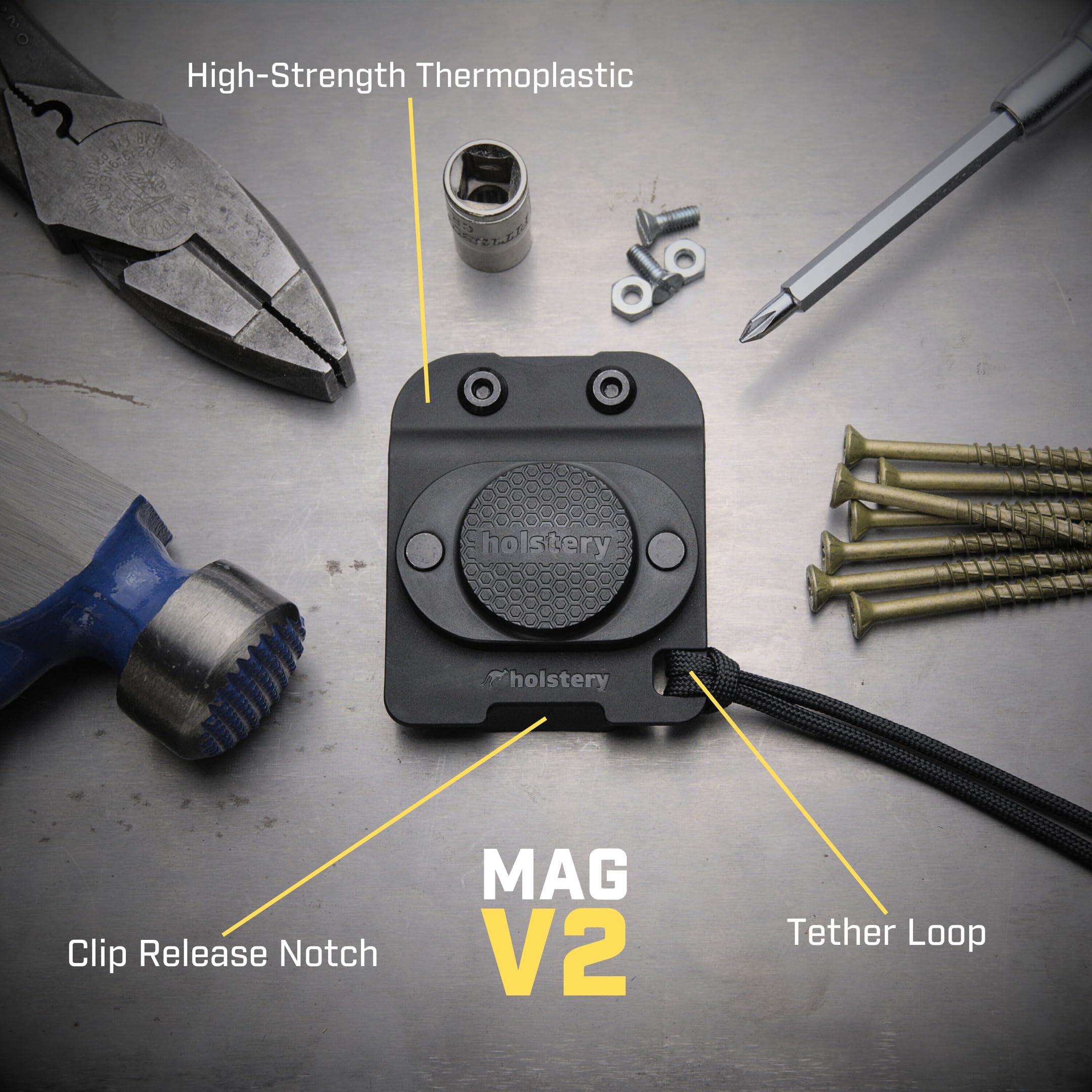 Holstery MagMaster clip release notch enables easy detachment.