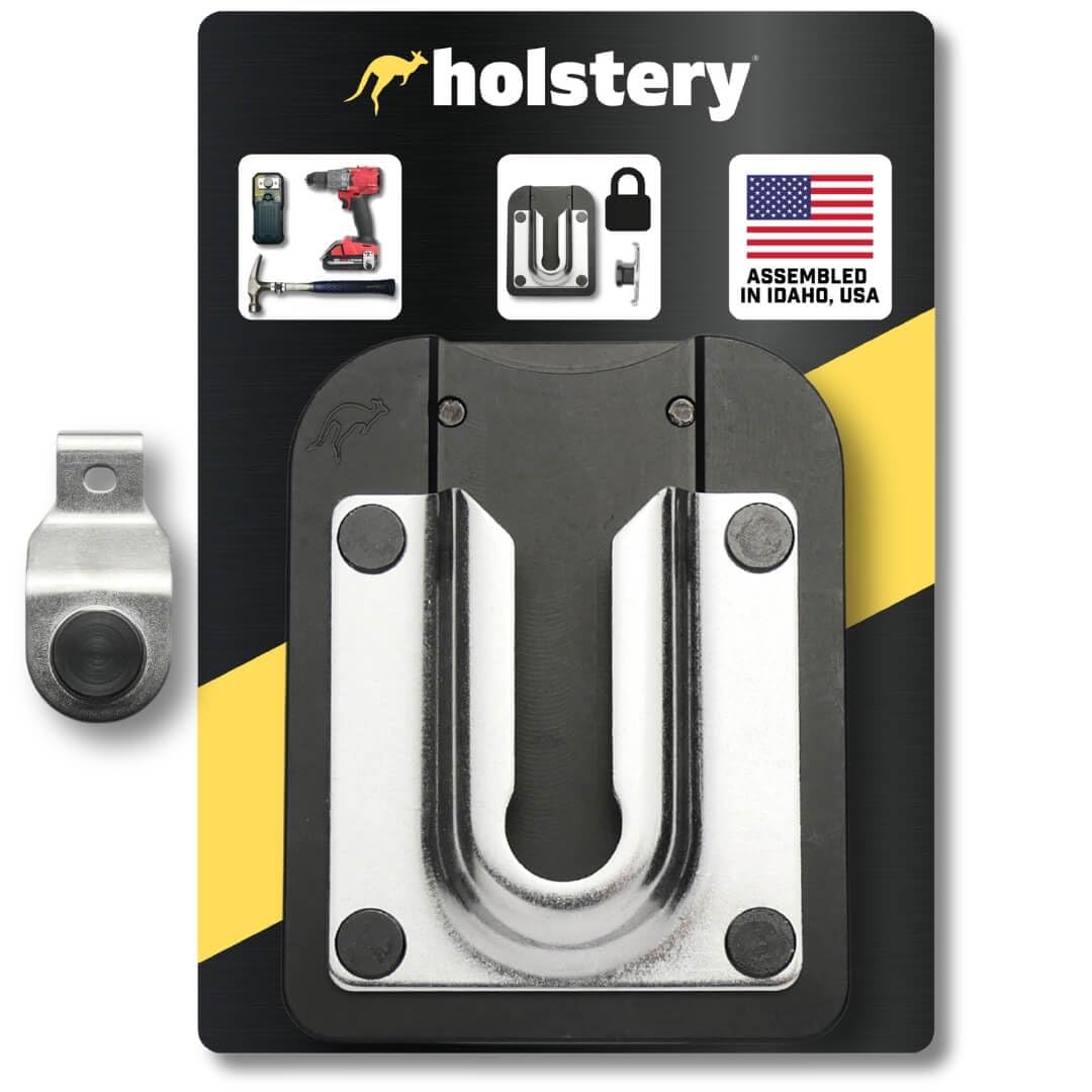 Holstery PinPal Pro gravity locking clip secures drills for quick access.