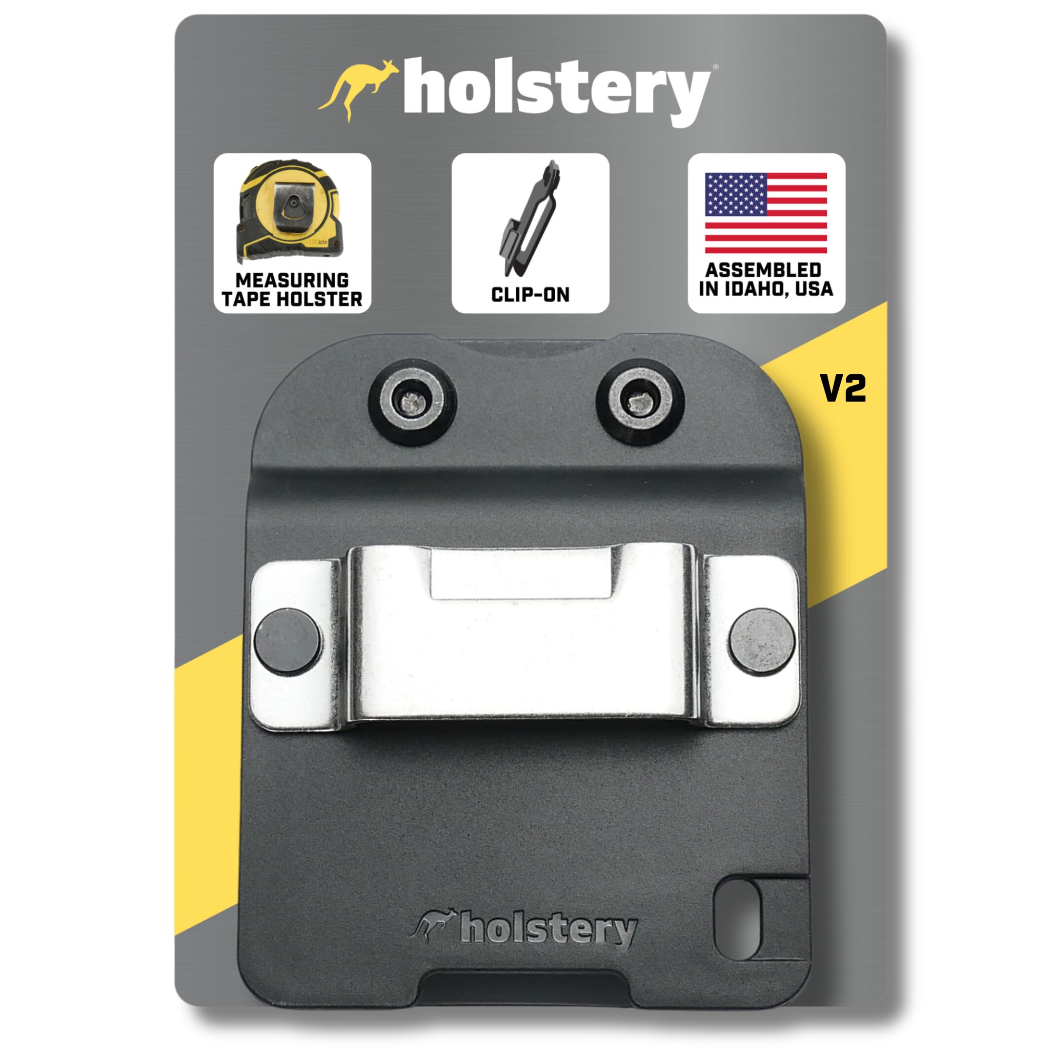 Holstery TapeMaster belt clip secures measuring tape for quick on-site access.