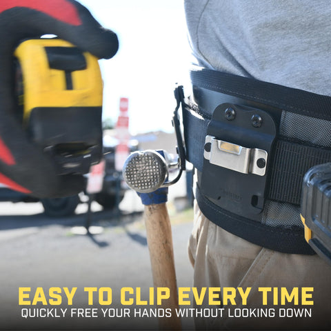 Holstery TapeMaster clip release notch allows easy removal from belt.