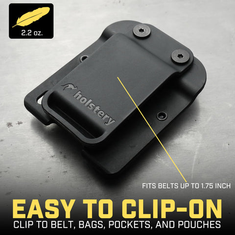 Holstery TapeMaster low-profile clip fits belts up to 1.75 inches for secure carry.