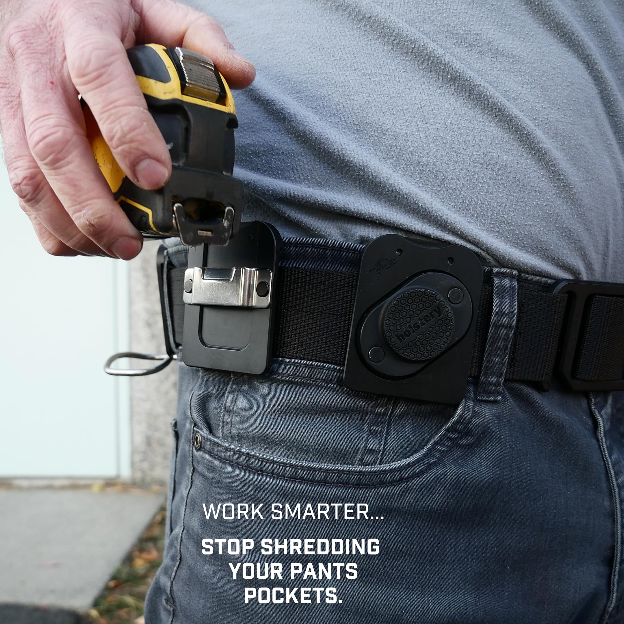 Holstery TapeMaster PRO on-site use shows hands-free measuring capability.