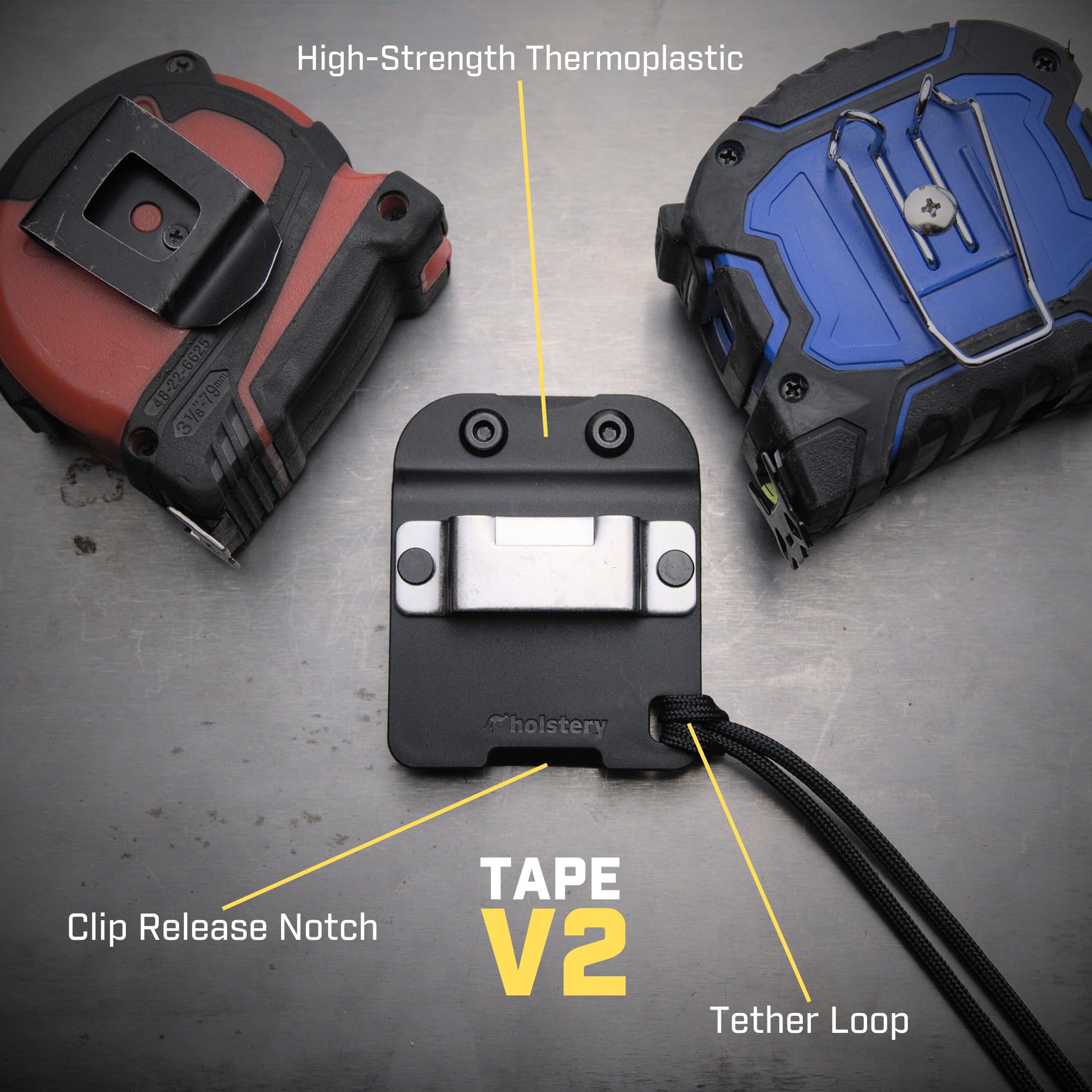 Holstery TapeMaster tether loop prevents loss when moving between jobs.