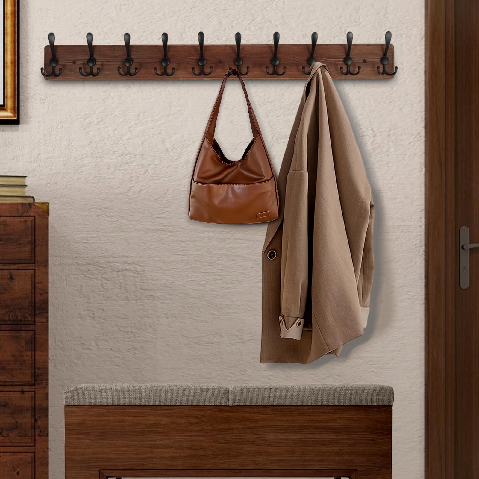 Homagic rack with ten aluminum triple hooks for coats and bags