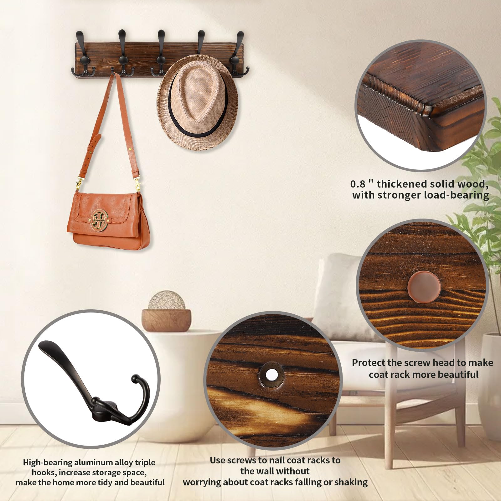 Homagic farmhouse-style coat hooks with brown screw caps for a finished look