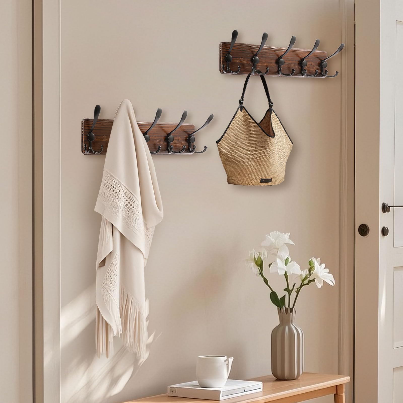 Homagic rustic wooden coat hooks with five triple hooks keep coats and bags tidy
