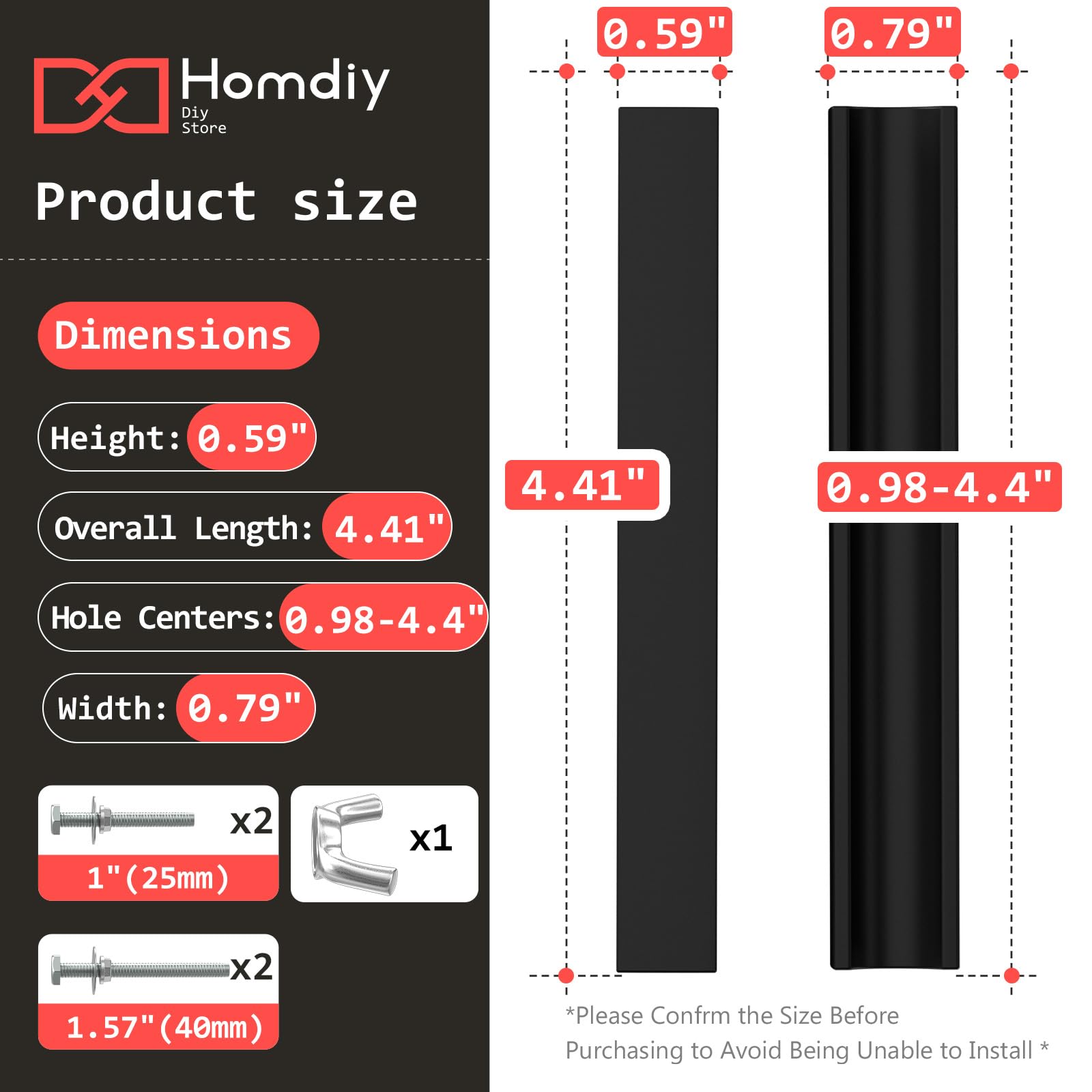 Homdiy black cabinet pulls row display showing 1–4 inch range.
