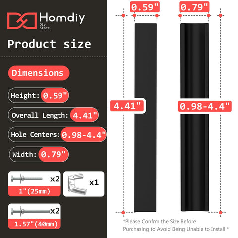 Homdiy black cabinet pulls row display showing 1–4 inch range.
