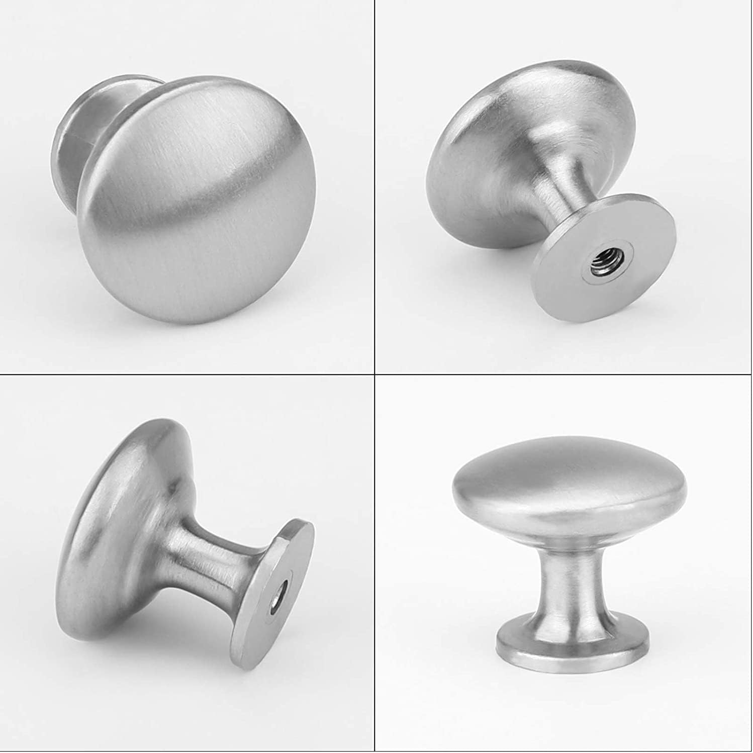 Homdiy satin nickel round knob mounted on a drawer in a modern kitchen setup.