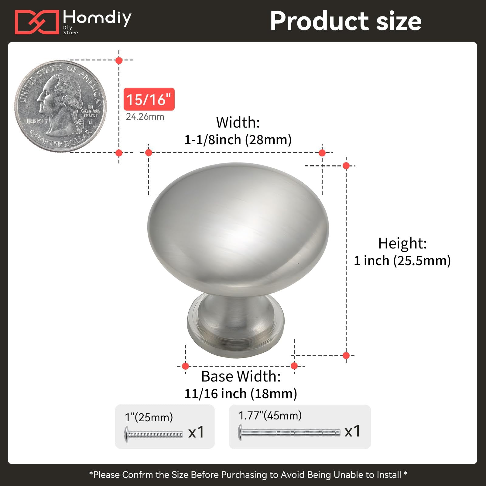 Homdiy round cabinet knob – side view shows compact height for drawers