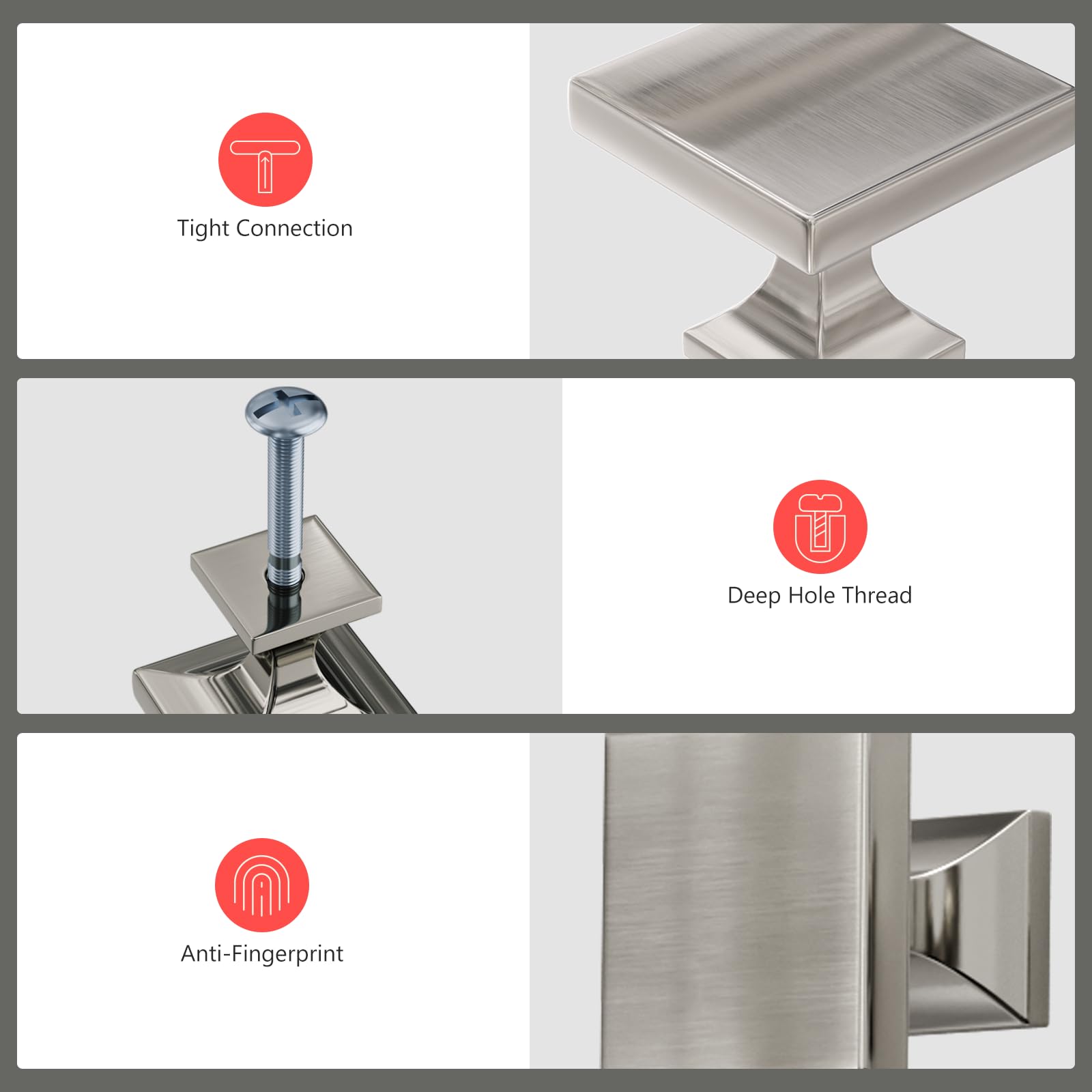 Brushed nickel finish resists wear and corrosion on Homdiy knobs.