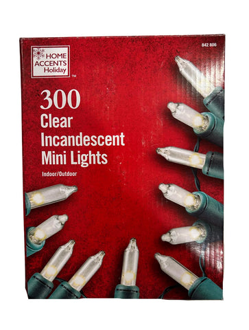 Home Accents Holiday 300 mini lights with clear bulbs for festive ambience.