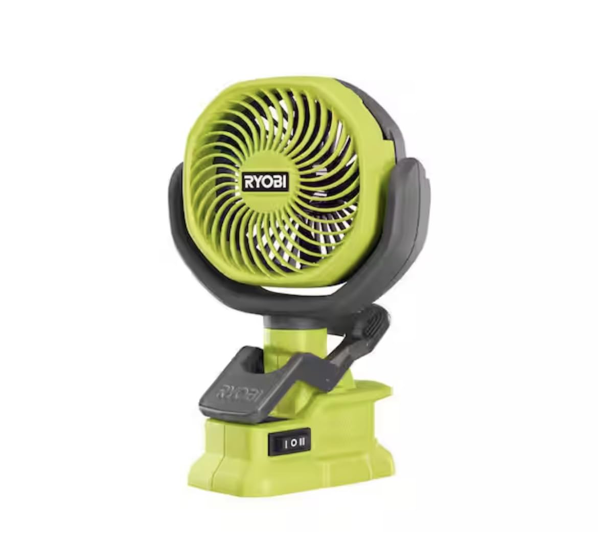 Home Depot Birsppy Ryobi 18V ONE+ clamp fan front view for compact workspace cooling.