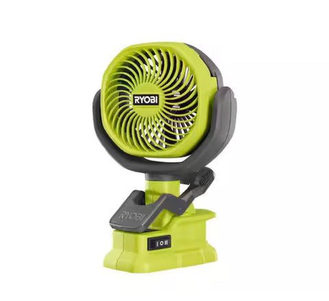 Home Depot Birsppy Ryobi 18V ONE+ clamp fan front view for compact workspace cooling.