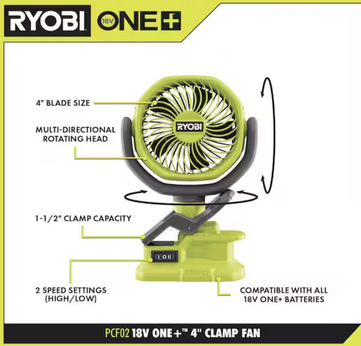 Home Depot Birsppy Ryobi 18V ONE+ clamp fan tilt head enables directional airflow.