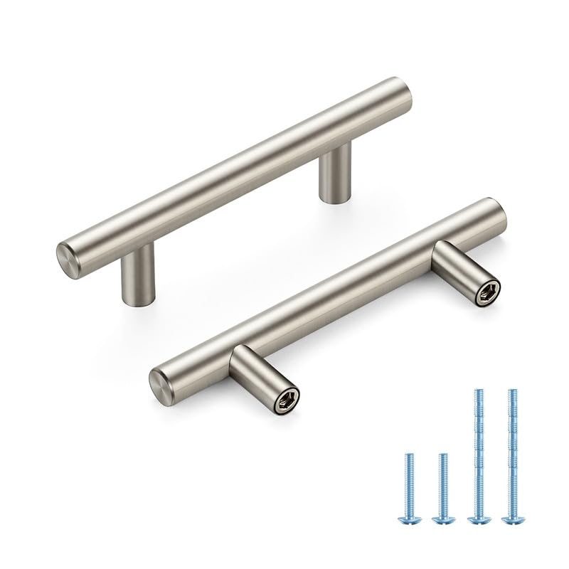 HOME EDIT brushed nickel cabinet handle on a kitchen drawer with ergonomic grip.