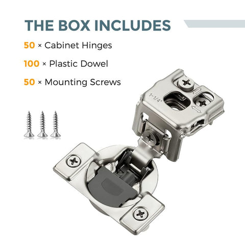 HOME EDIT installation kit with hinges, screws, and dowels.