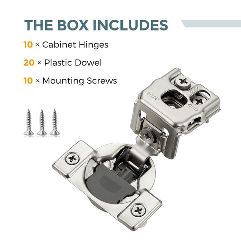 HOME EDIT hinge installation kit includes 10 hinges, 20 dowels, and 10 screws.