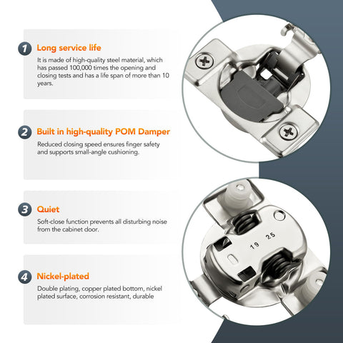 Home Expert hinge with built-in POM damper quiets closing.
