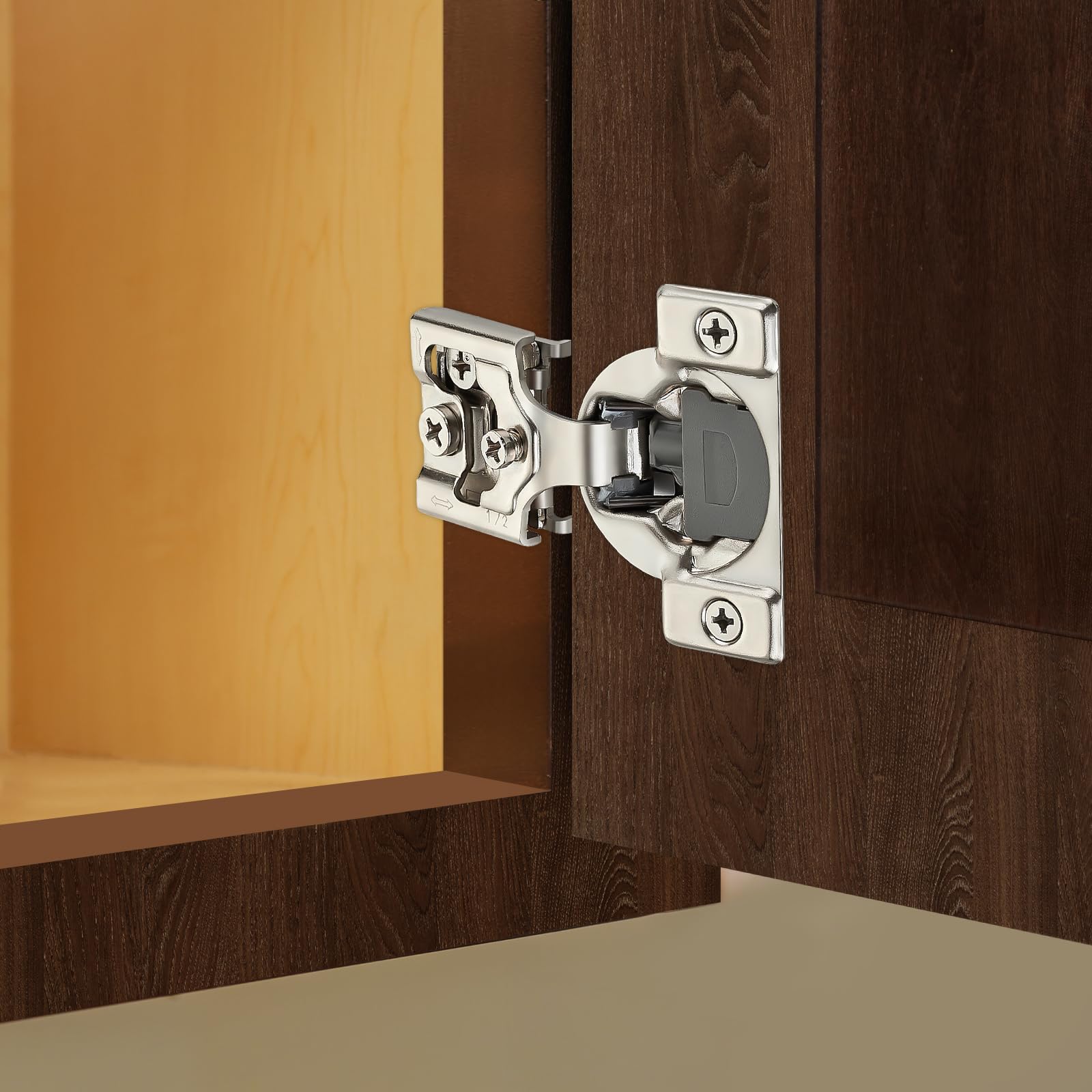 Home Expert satin-nickel hinges with nickel finish for durable, long-lasting cabinets.