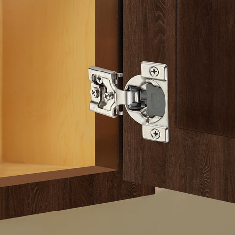 Home Expert satin-nickel hinges with nickel finish for durable, long-lasting cabinets.