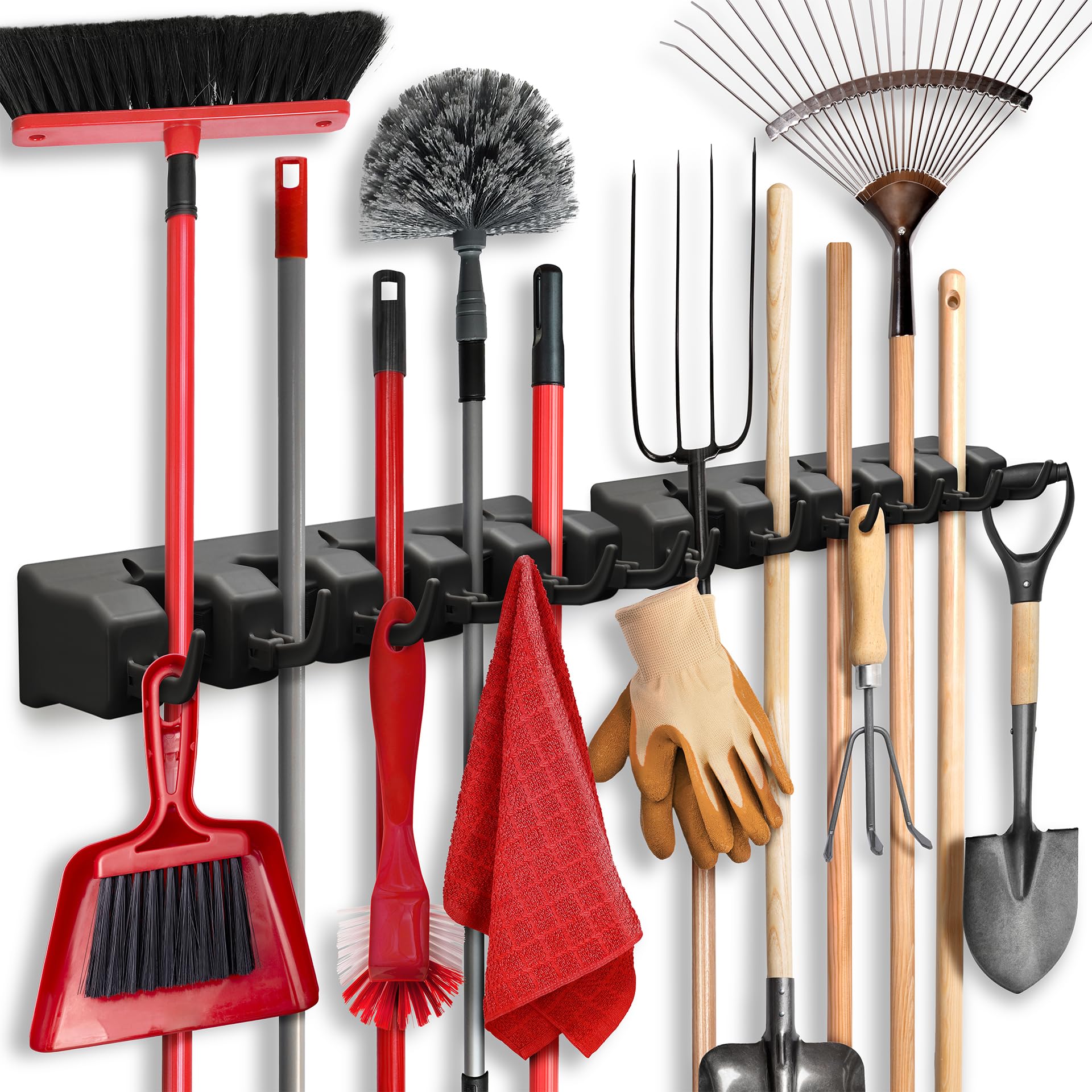 HOME IT 2 Pack Mop and Broom Holder wall mount front view shows organized tools