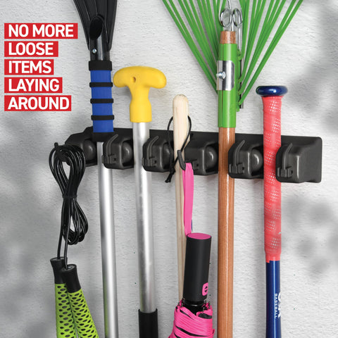HOME IT 2 Pack Mop and Broom Holder wall mount mounting holes illustrate secure installation