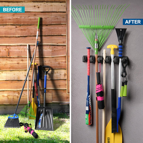 HOME IT 2 Pack Mop and Broom Holder wall mount slots closeup highlights 5-slot design and 7.5 lbs