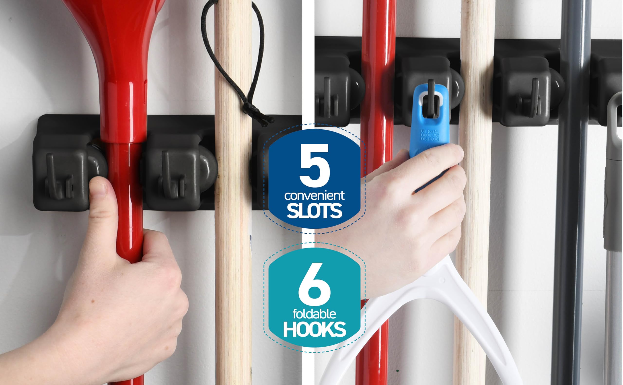Garden tools neatly stored in a wall-mounted HOME IT rack.