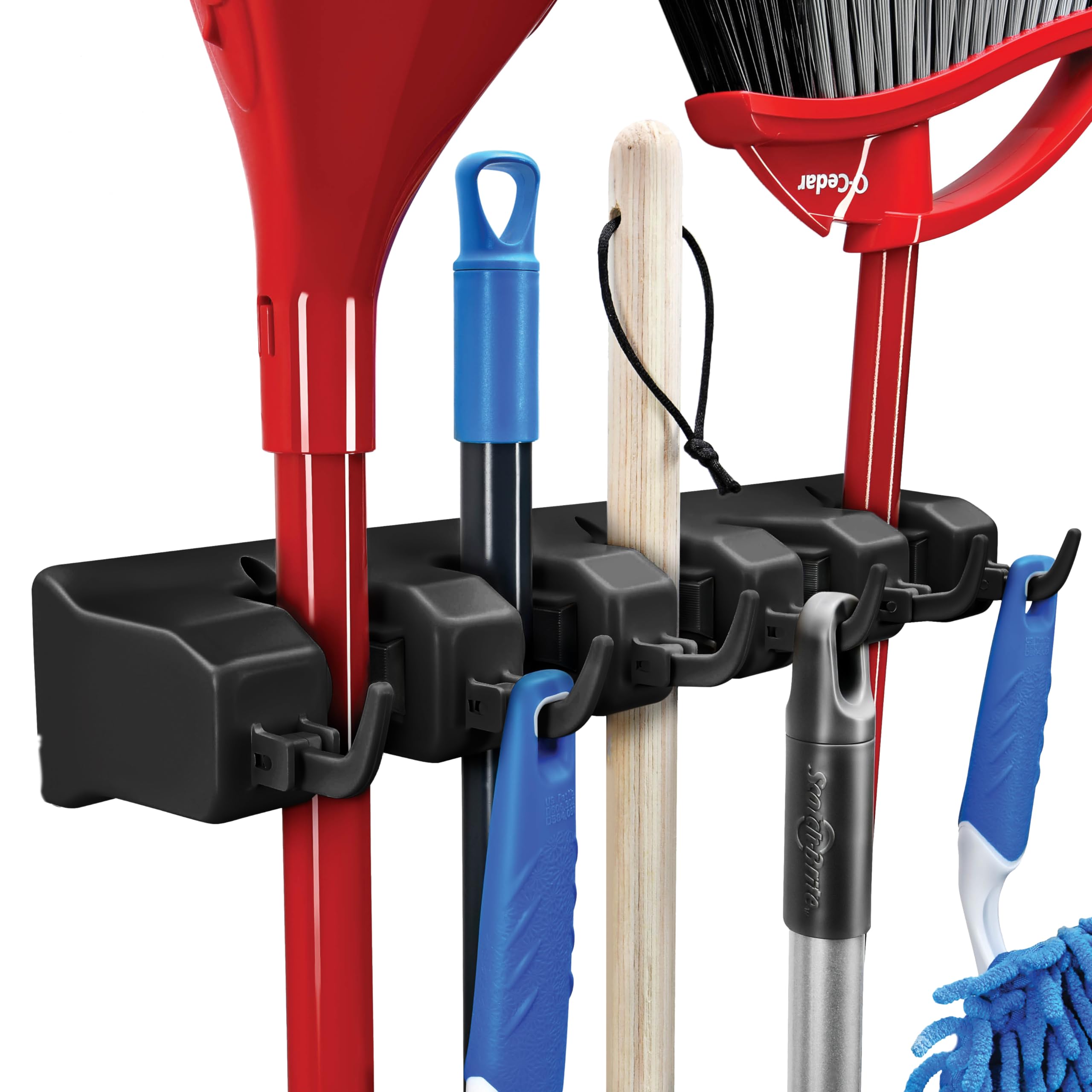 HOME IT Mop and Broom Holder on wall with five slots and six hooks for organized storage.