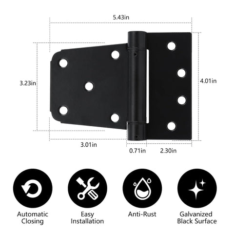 Home Master Hardware black-finish gate hinge reduces visible wear.