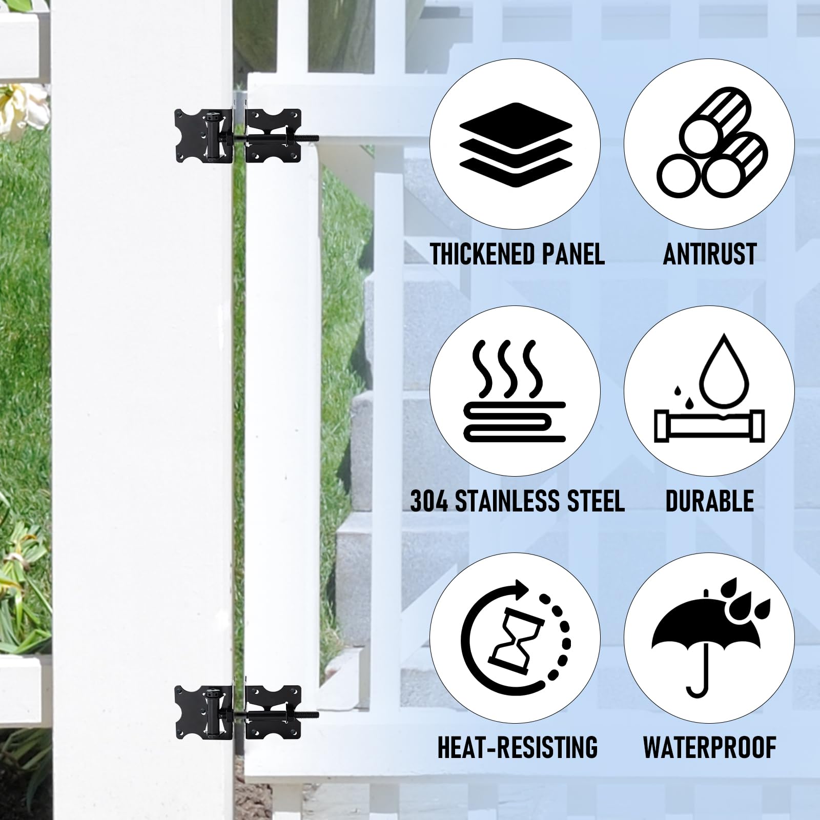 HOME MASTER HARDWARE black finish hinges mounted on a wooden fence gate for outdoor use.