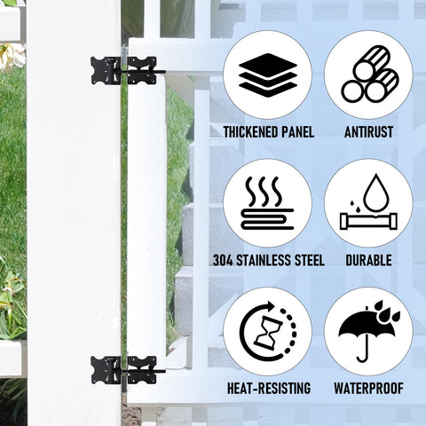 HOME MASTER HARDWARE black finish hinges mounted on a wooden fence gate for outdoor use.