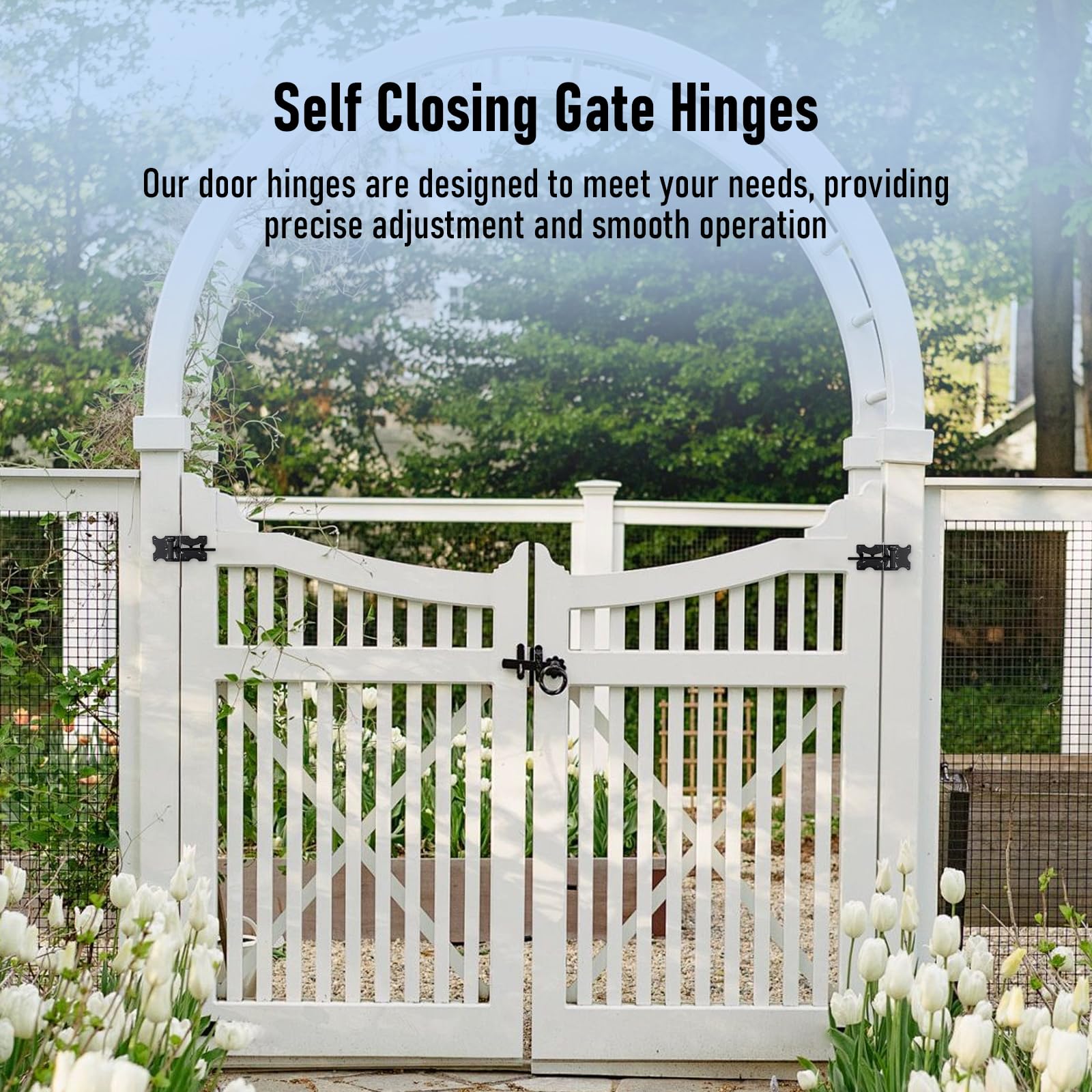 HOME MASTER HARDWARE heavy-duty gate hinges used on an outdoor garden gate for durability.