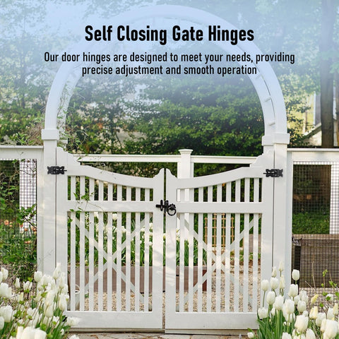 HOME MASTER HARDWARE heavy-duty gate hinges used on an outdoor garden gate for durability.