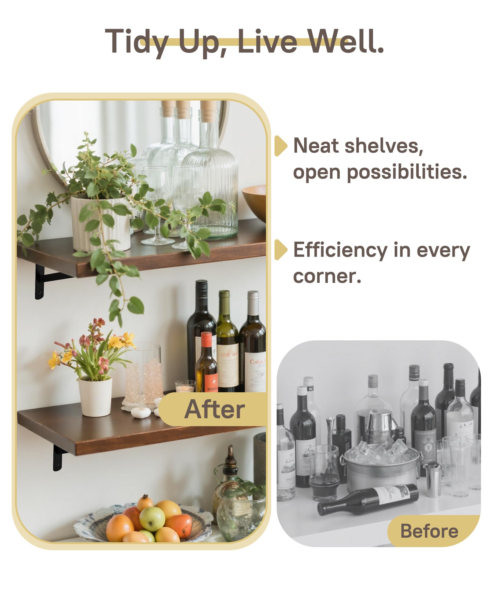 Kitchen open shelving setup using Home Master Hardware brackets for organized storage