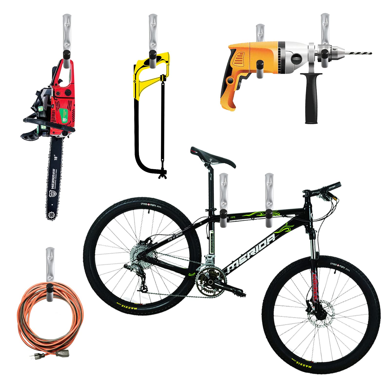 HOME MASTER HARDWARE ladders, bikes, and tools neatly hung using versatile hooks.