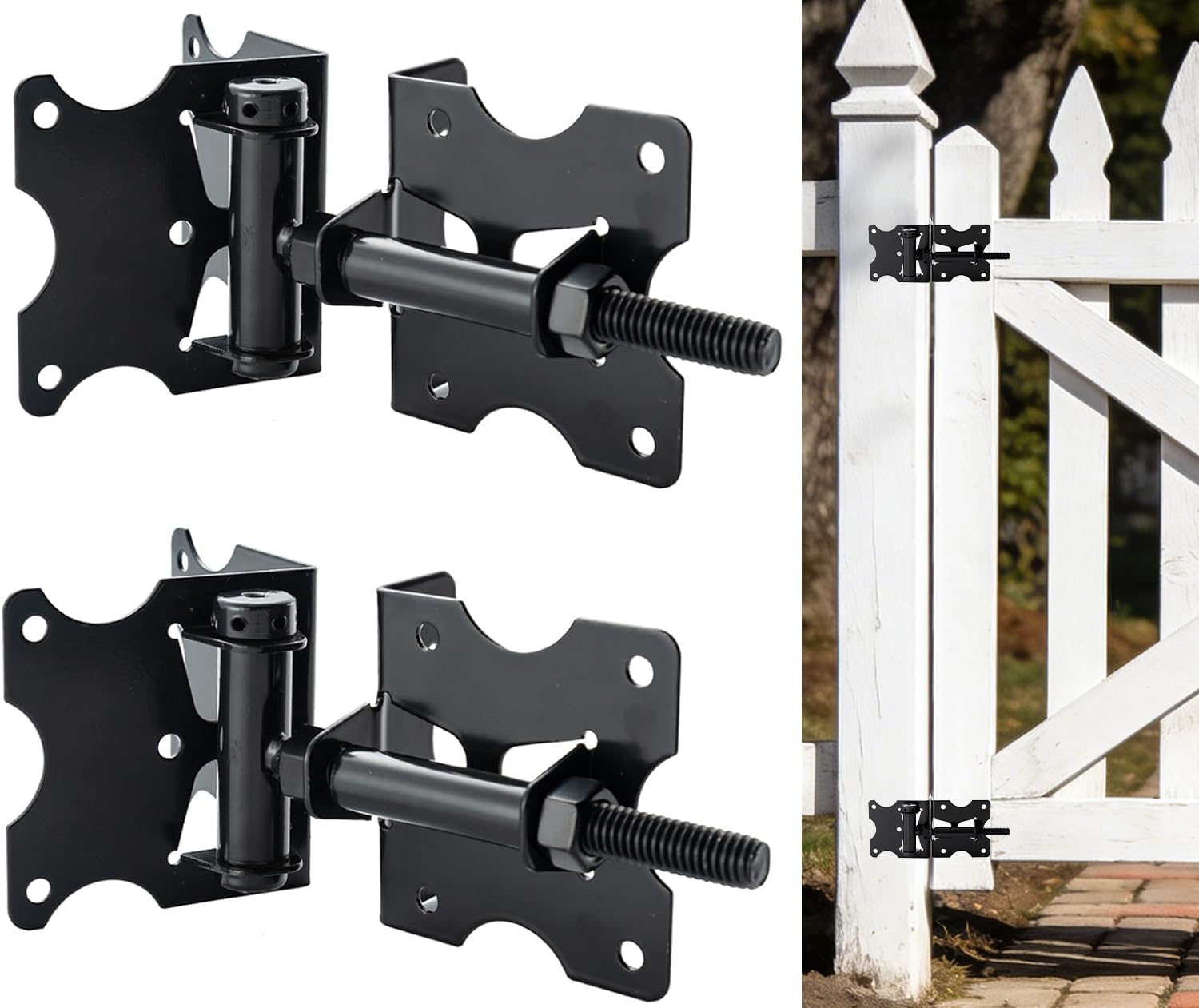 HOME MASTER HARDWARE self-closing gate hinges with black finish on an outdoor fence, durable and reliable.