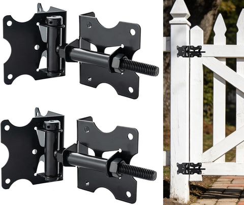 HOME MASTER HARDWARE self-closing gate hinges with black finish on an outdoor fence, durable and reliable.