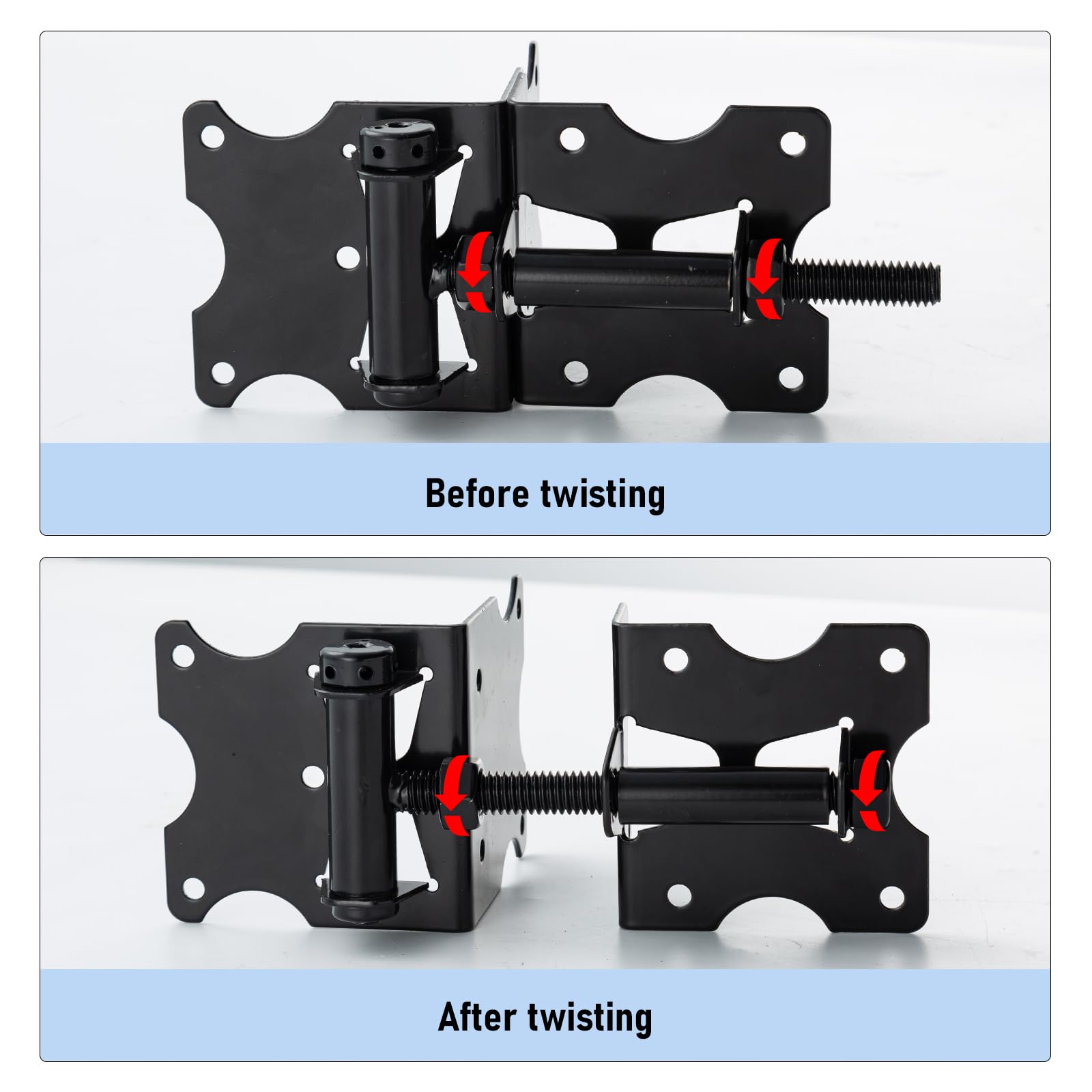 HOME MASTER HARDWARE vinyl and wood gate hinges on a gate edge, rugged iron construction.