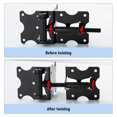 HOME MASTER HARDWARE vinyl and wood gate hinges on a gate edge, rugged iron construction.