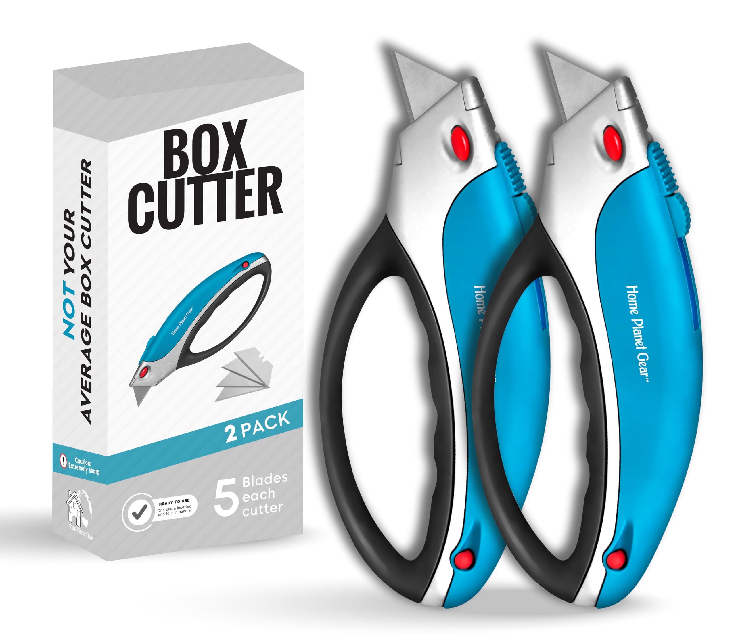 Home Planet Gear two-pack box cutter ready for everyday packaging tasks.