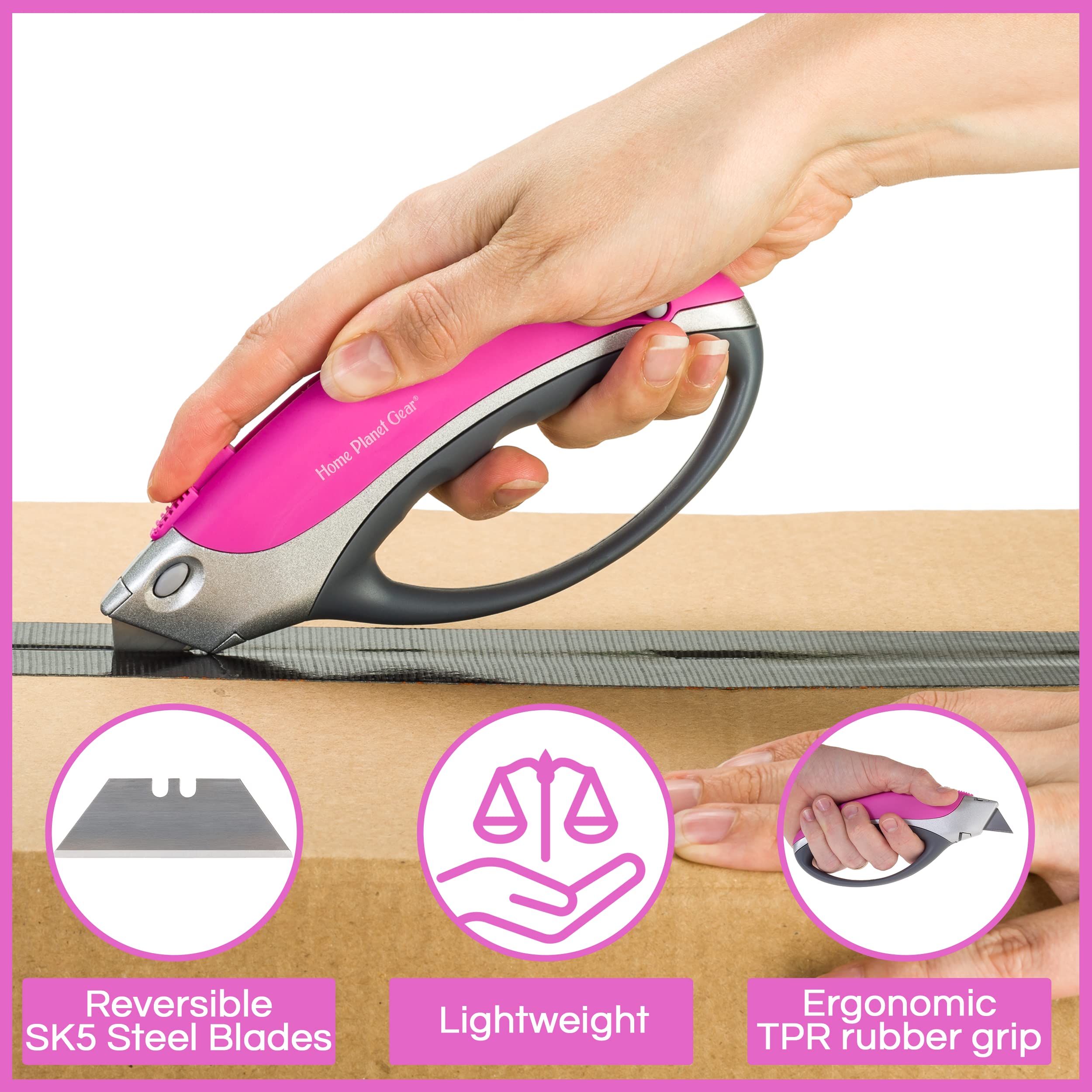 Home Planet Gear heavy-duty box opener suitable for cardboard, carpet, and more.