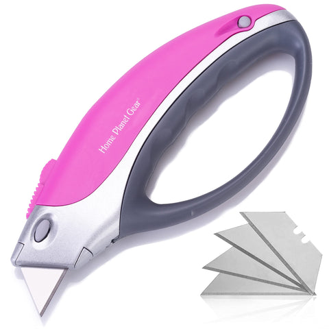 Home Planet Gear pink box cutter retractable knife for easy opening and cutting tasks.