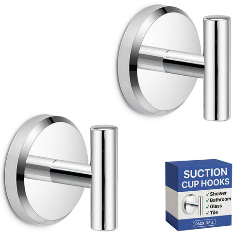 HOME SO suction cup hooks chrome two-pack close-up for sleek bathroom storage.