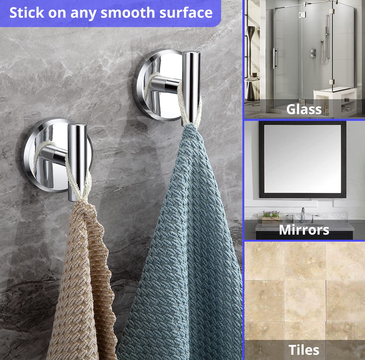 HOME SO chrome hooks on glass surface holding towels securely.