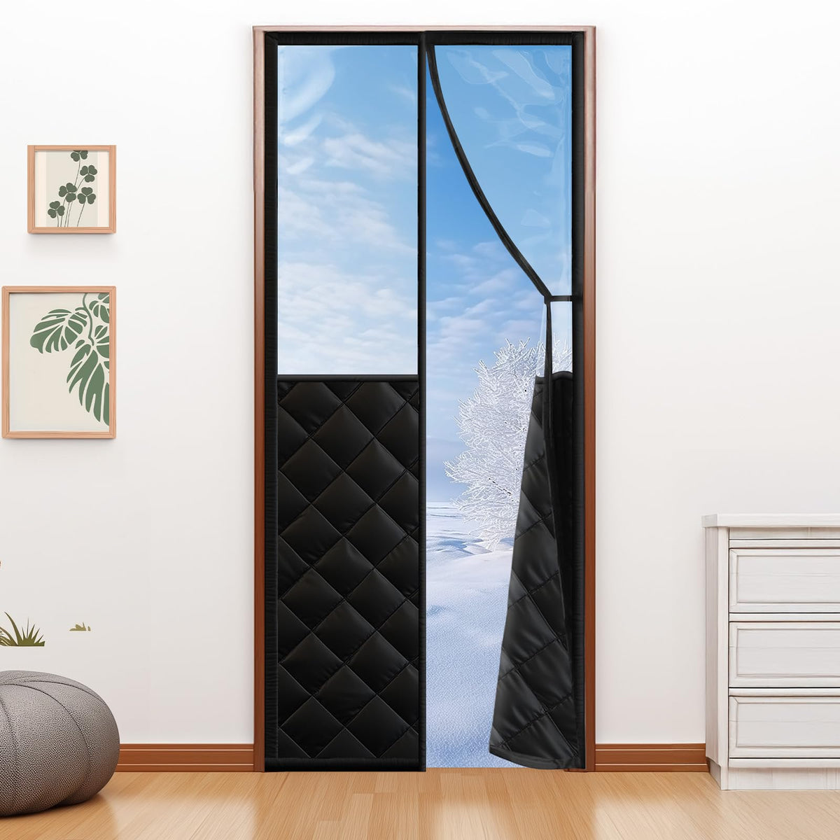 Homealexa magnetic thermal door curtain with clear window blocking drafts while letting light in.